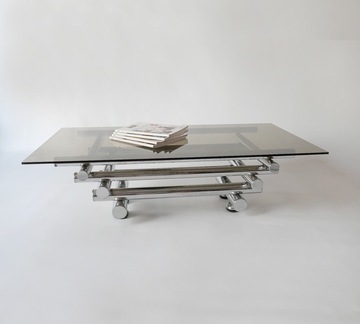 Table basse tubulaire chromée verre fumé 1970s Willy Rizzo Paul Mayen